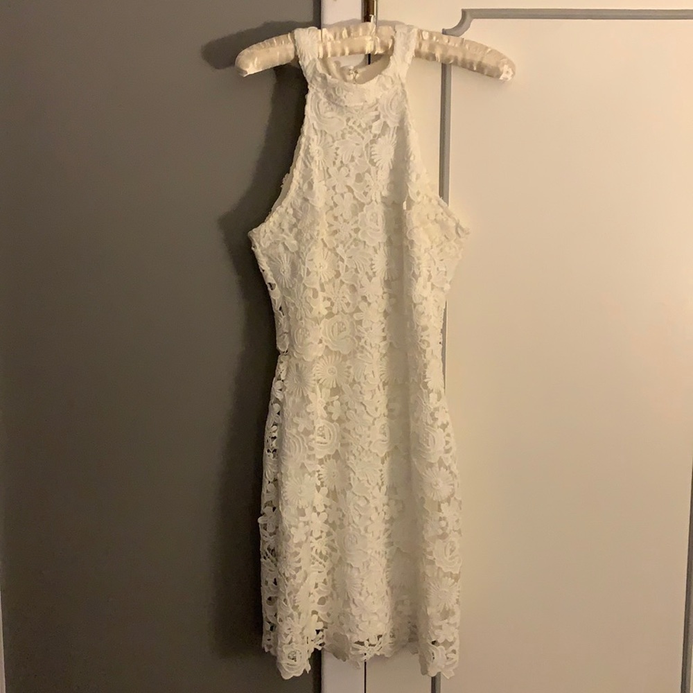 Halter neck white lace floral dress